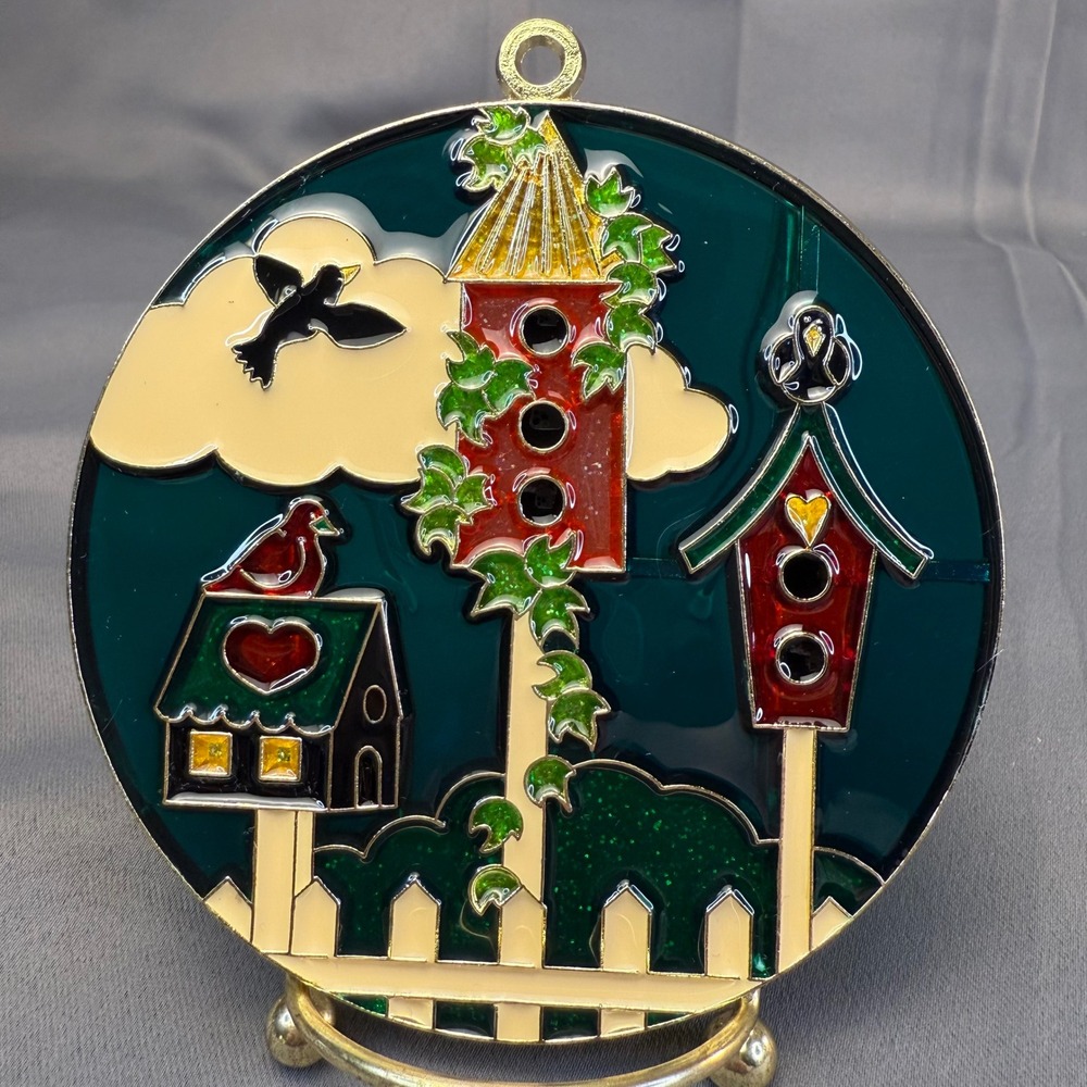 Vintage Birdhouse Suncatcher Stained Glass Style Gold  Metal Bird Ornament 4"